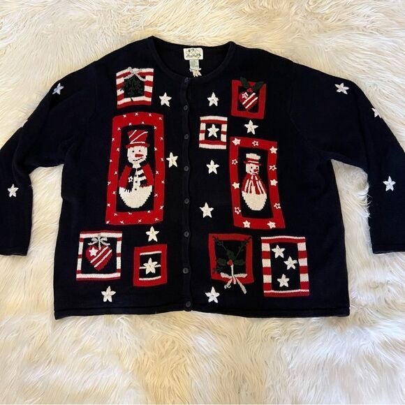 The Quacker Factory Snowman  Christmas Winter Cardigan Size 3X Patriotic - Picture 1 of 6